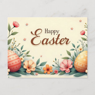 Happy Easter Spring Flowers and Easter Eggs Holiday Postcard
