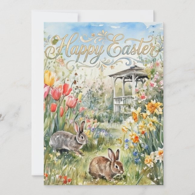 Happy Easter Spring Flowers & Bunnies Easter Card (Front)