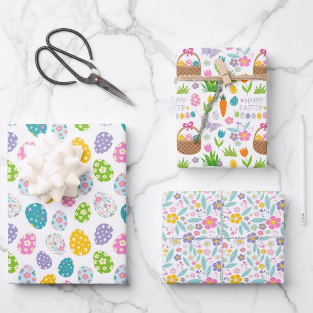Happy Easter Spring Flowers Easter Eggs Baskets Wrapping Paper Sheet (Front)