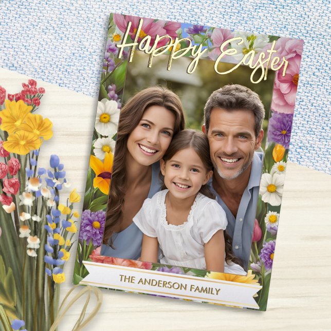 Happy Easter Spring Flowers Family Photo Floral Foil Holiday Card (A pretty Easter card with decorative border of Spring flowers. Personalize with a photo and name(s))