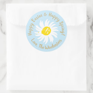 Happy Easter Spring pale blue cute daisy script Classic Round Sticker