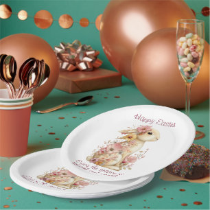 Happy Easter Spring Pink and Yellow Flowers Bunny Paper Plate