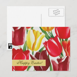 Happy Easter. Spring Tulips Painting Postcards