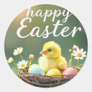 Happy Easter sticker with a little chick in a nest