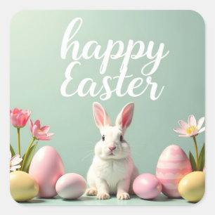 Happy Easter sticker with white bunny and eggs