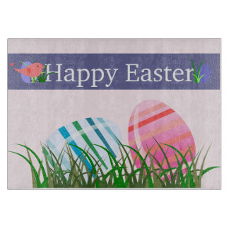 Happy Easter Striped Easter Eggs Glass Cutting Board