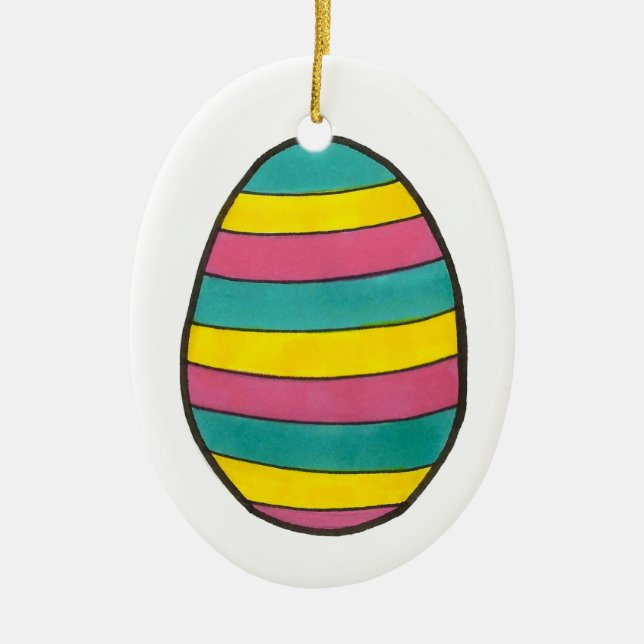 Happy Easter Striped Painted Egg Hunt Egg Ceramic Tree Decoration (Front)