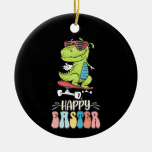 Happy Easter T Rex Dinosaur Bunny Rabbit Eggs Ceramic Ornament