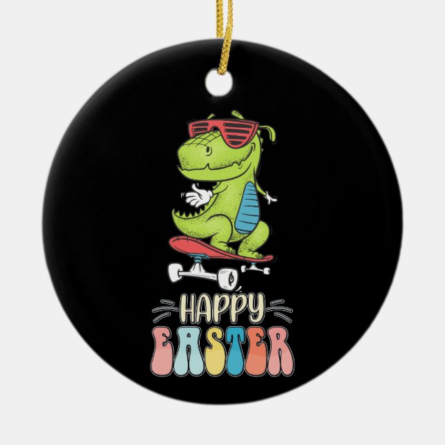 Happy Easter T Rex Dinosaur Bunny Rabbit Eggs Ceramic Ornament (Front)