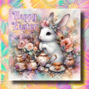 Happy Easter Tea Time Joy With Floral Bunny Holiday Card