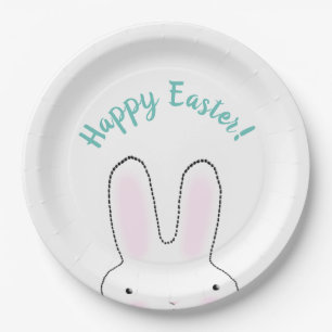 Happy Easter teal cute Easter Bunny custom script Paper Plate