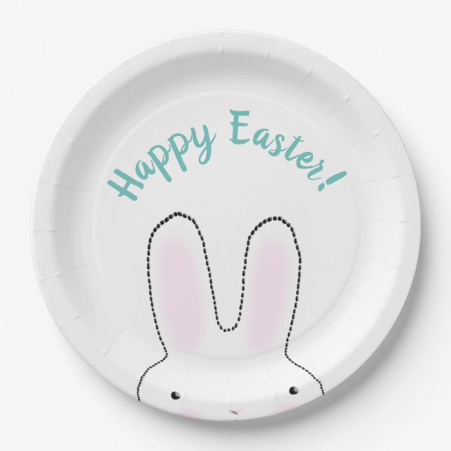 Happy Easter teal cute Easter Bunny custom script Paper Plate (Front)