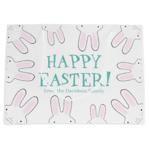Happy Easter teal white custom cute bunnies fun Large Gift Bag