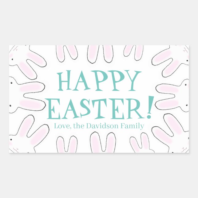Happy Easter teal white custom text bunnies cute Rectangular Sticker (Front)