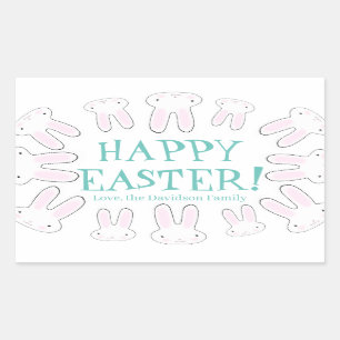 Happy Easter teal white custom text bunnies cute Rectangular Sticker