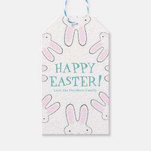 Happy Easter teal white custom text cute bunnies Gift Tags