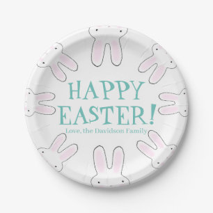 Happy Easter teal white custom text cute bunnies Paper Plate