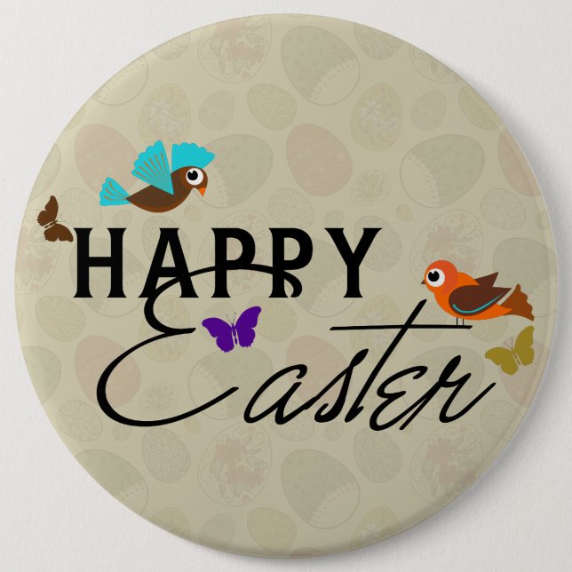 Happy Easter Text Design With Butterflies & Birds 6 Cm Round Badge (Front)
