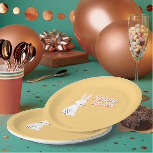 Happy Easter text with bunny orange Paper Plate