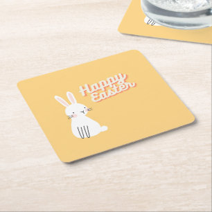 Happy Easter text with bunny orange Square Paper Coaster