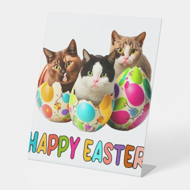 Happy Easter Three Cat Colourful Easter Eggs Kitty Pedestal Sign (Front)