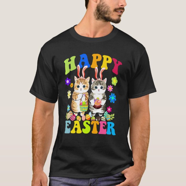 Happy Easter Three Cat Wearing Bunny Ear Bunny Cat T-Shirt (Front)
