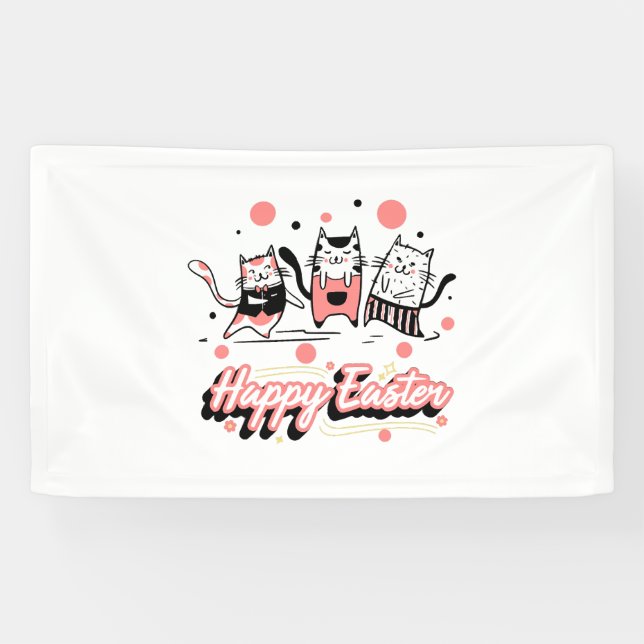Happy Easter Three Cat Wearing Bunny Kitty Kitten  Banner (Horizontal)