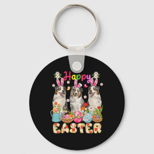 Happy Easter Three Cute Bunny Australian Shepherds Key Ring