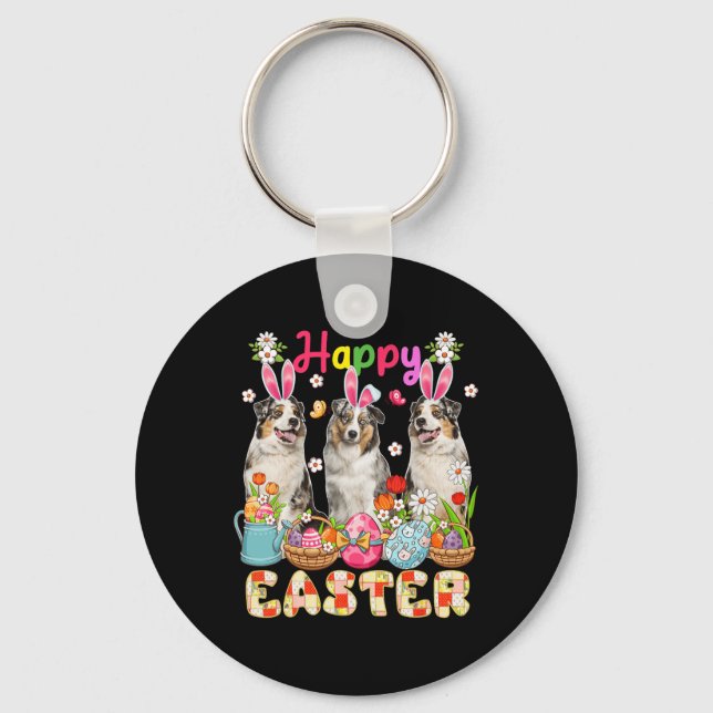 Happy Easter Three Cute Bunny Australian Shepherds Key Ring (Front)
