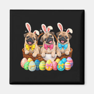 Happy Easter Three Pug Wearing Bunny Ears Basket Magnet