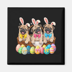 Happy Easter Three Pug Wearing Bunny Ears Basket Magnet