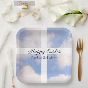 Happy Easter Trust in God Blue and White Paper Plate