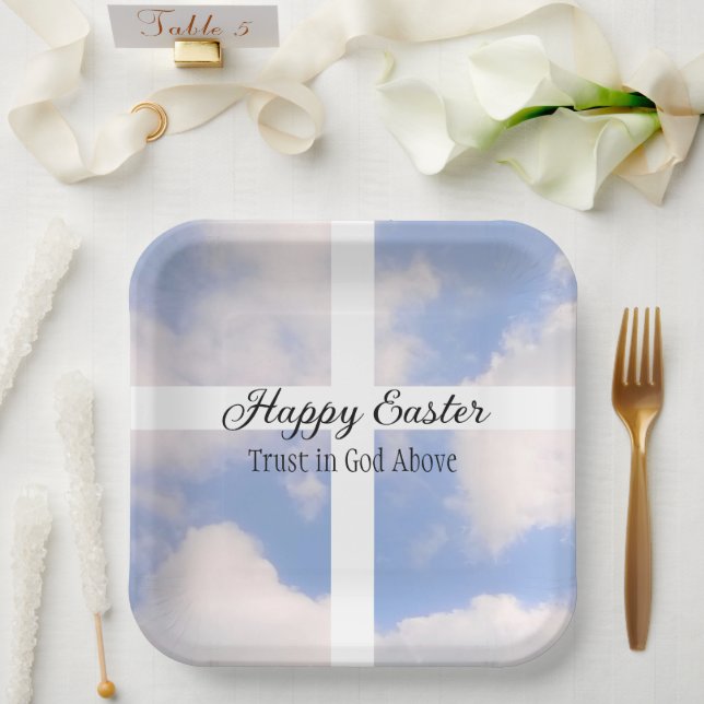 Happy Easter Trust in God Blue and White Paper Plate (Wedding)