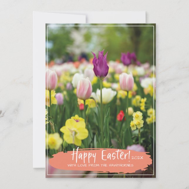 "Happy Easter" Tulip Flower Field Spring Photo Holiday Card (Front)