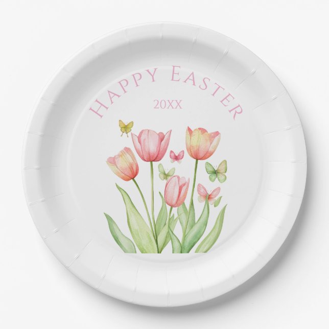 Happy Easter Tulip  Paper Plate (Front)