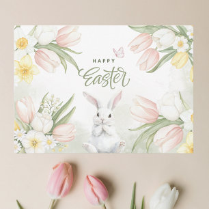 Happy Easter Tulips, Daffodils and Easter Bunny Holiday Card