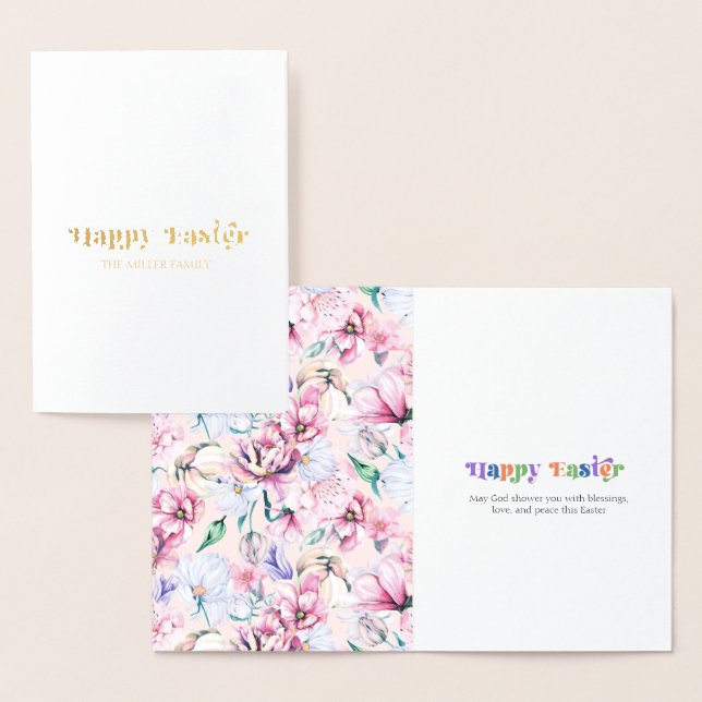 Happy Easter Typography Pastel Flowers Pattern Foil Card (Display)
