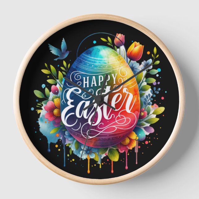 Happy Easter: Vibrant Watercolor Easter Egg Clock (Front)