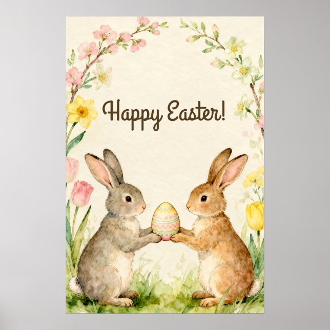 Happy Easter Vintage Bunnies with Egg Poster (Front)