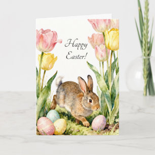 Happy Easter Vintage Bunny Eggs & Spring Flowers Card