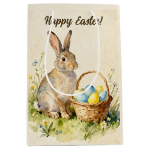 Happy Easter Vintage Bunny with Egg Basket Medium Gift Bag