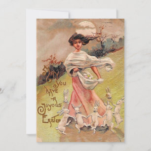 Happy Easter Vintage dancing Rabbits Girl w Basket Holiday Card