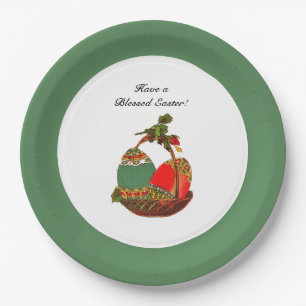 Happy Easter Vintage Egg Basket Art Painting Paper Plate