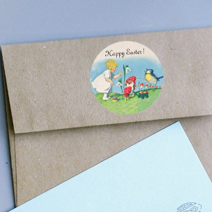 Happy Easter Vintage Elves Eggs Classic Round Sticker