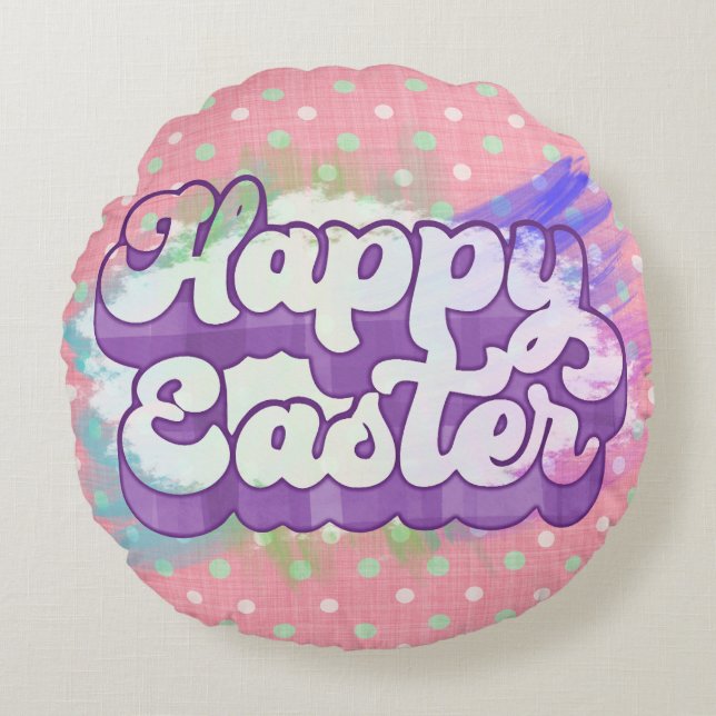 Happy Easter Vintage Pastel Paint Brushstrokes Round Cushion (Front)