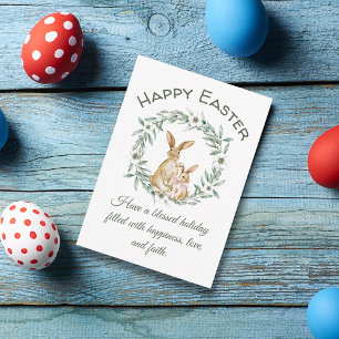 happy easter,watercolor bunnies greenery wreath  card