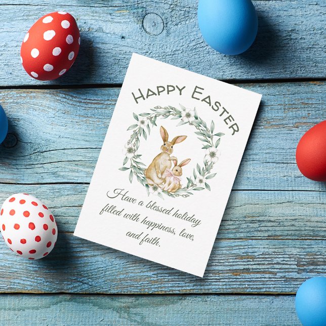 happy easter,watercolor bunnies greenery wreath  card (Creator Uploaded)