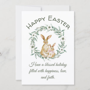 happy easter,watercolor bunnies greenery wreath card