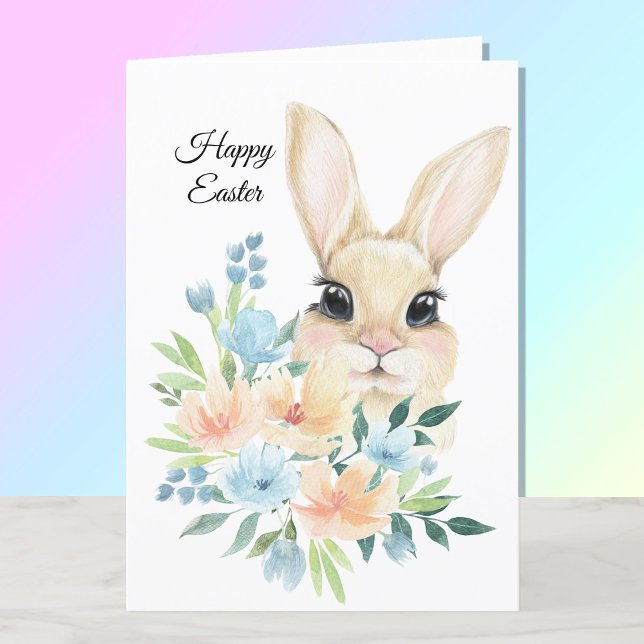 Happy Easter Watercolor Bunny Blue Flowers Holiday Card (Creator Uploaded)