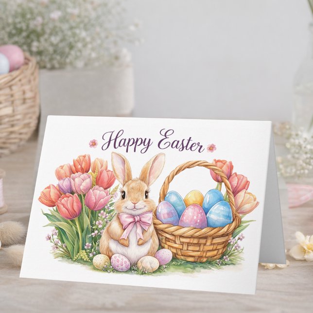 Happy Easter Watercolor Bunny Card | Tulips  (Creator Uploaded)